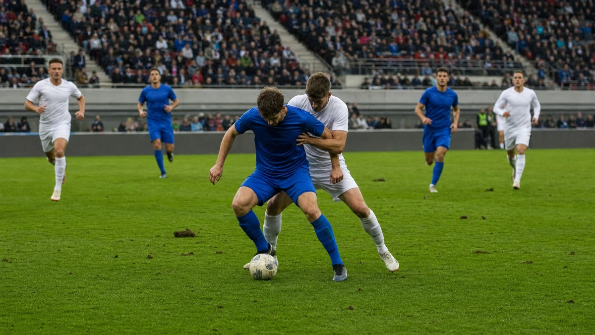 Mittfältare skärmar bollen från en motståndare under en Bundesliga-match.